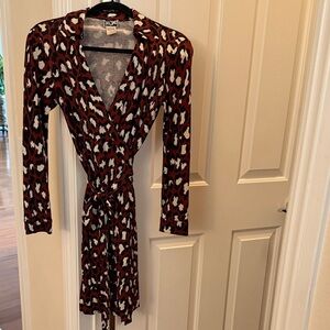 Diane Von Furstenberg Brown and White Patterned Wrap Dress